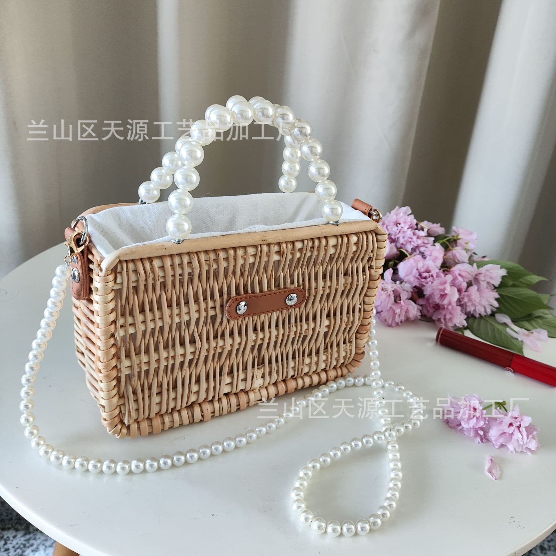 Rattan grass woven bag for women Japanese and Korean simple beach bag crossbody pearl handbag bag rattan small square bag literary style