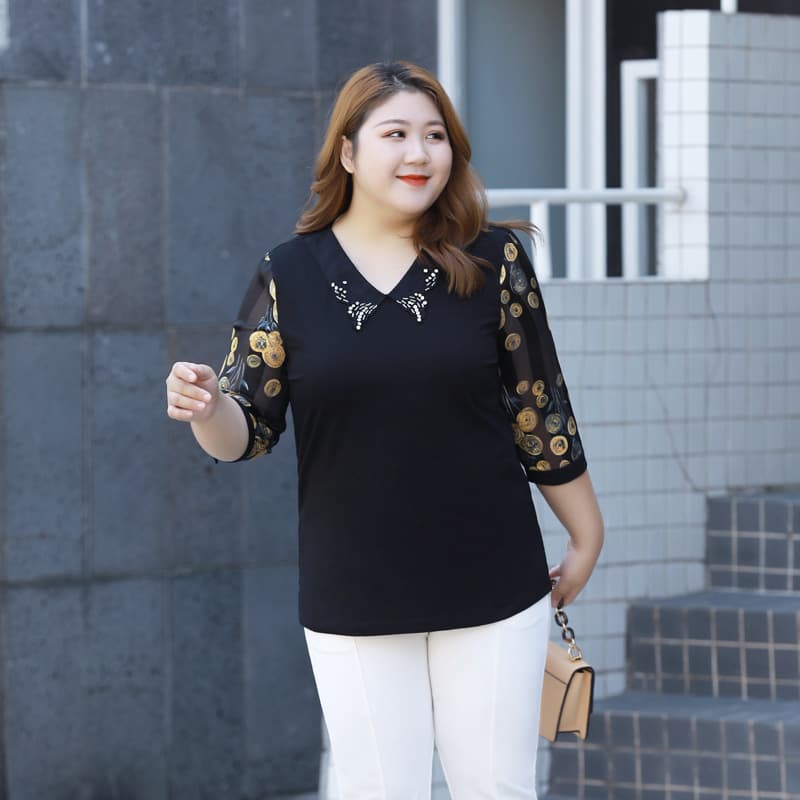 Plus-size chiffon blouse for women, elegant floral print, Peter Pan collar, slimming top, thin autumn style, three-quarter sleeves, chic shirt.