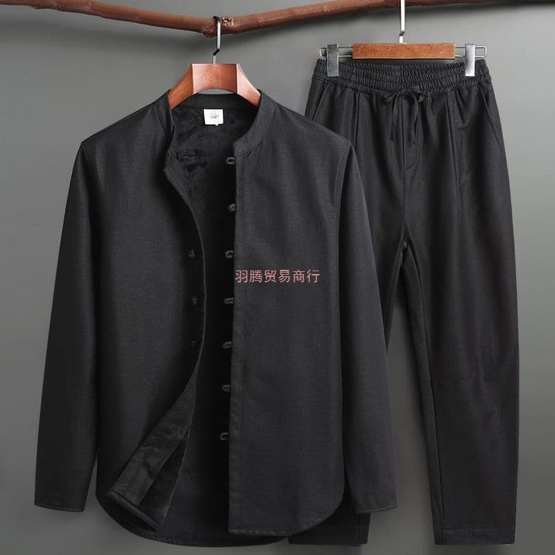 Men's Tang Suit Autumn Winter Fleece-Lined Thick Set, Chinese Retro Frog Button Stand Collar Long Sleeve Linen Blouse and Jacket