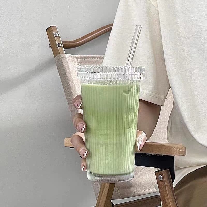 Simple Vertical Striped Lid Straw Cup Ins Style High Appearance Water Cup Milk Coffee Cup Beverage Cup Iced Coffee Cup