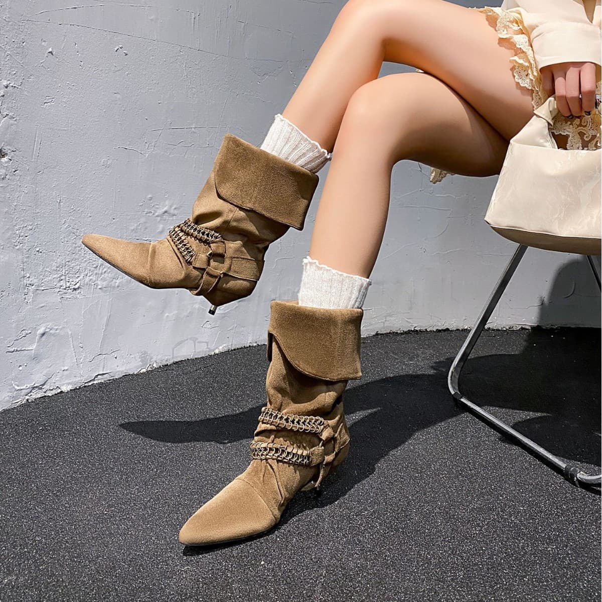 Korean style niche chain cat heel slim boots for women mid-calf pile boots temperament stiletto heel pointed toe western denim short boots