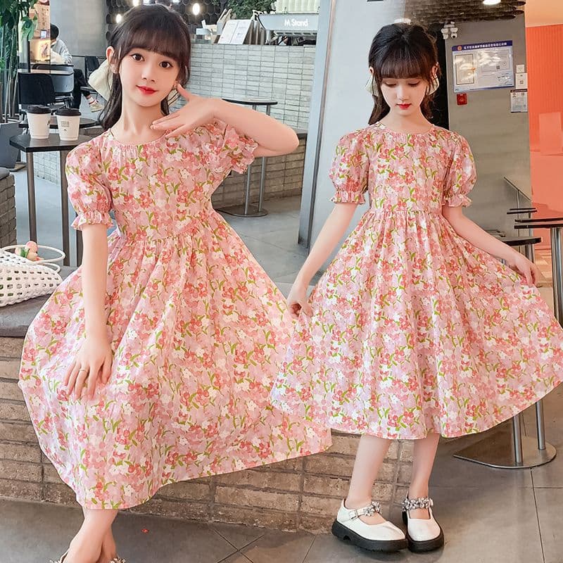 Girls' short-sleeved summer dress, 2025 new Korean style children's fashionable princess dress, round neck cotton dress for medium and large children.
