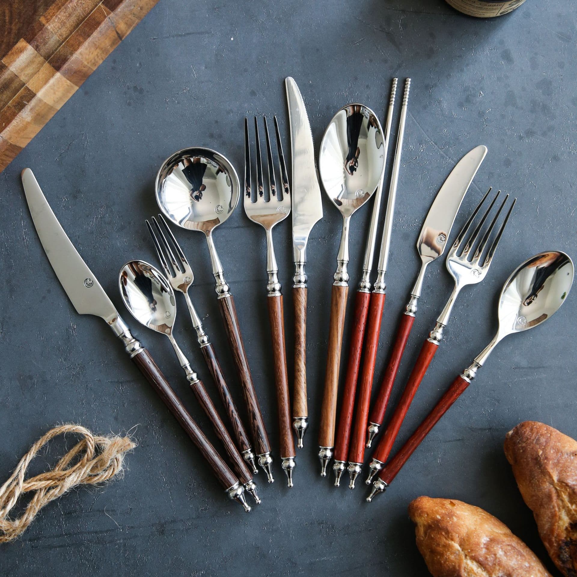 Saint-Borg 304 Stainless Steel Dinnerware Set with Retro Wooden Handles, Household Knife, Fork, Spoon, Chopsticks