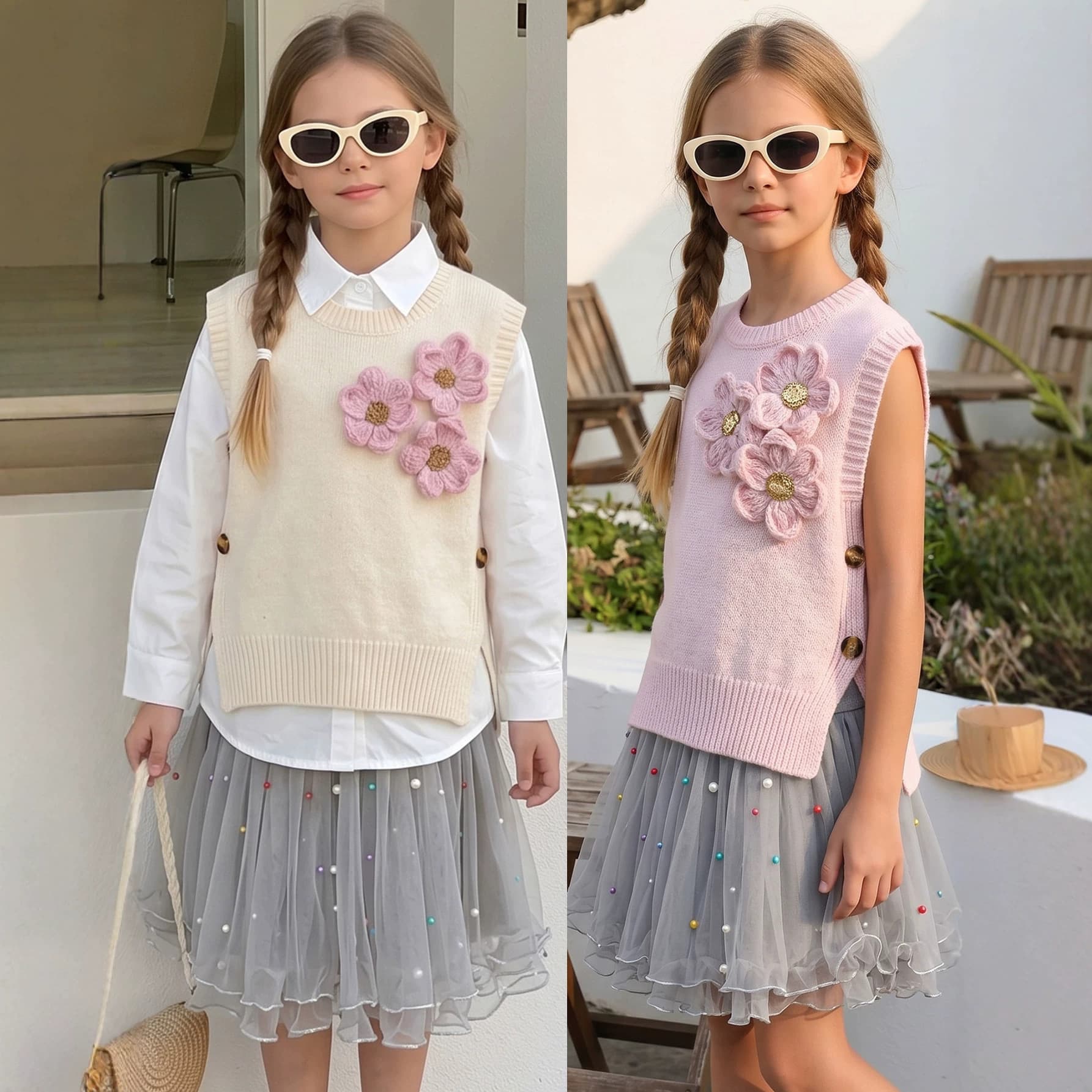 2026 Autumn and Summer New Children's Vest Girls' Waistcoats Spring Autumn and Winter Outer Wear Cross-Border New Flower Decorated Sweaters