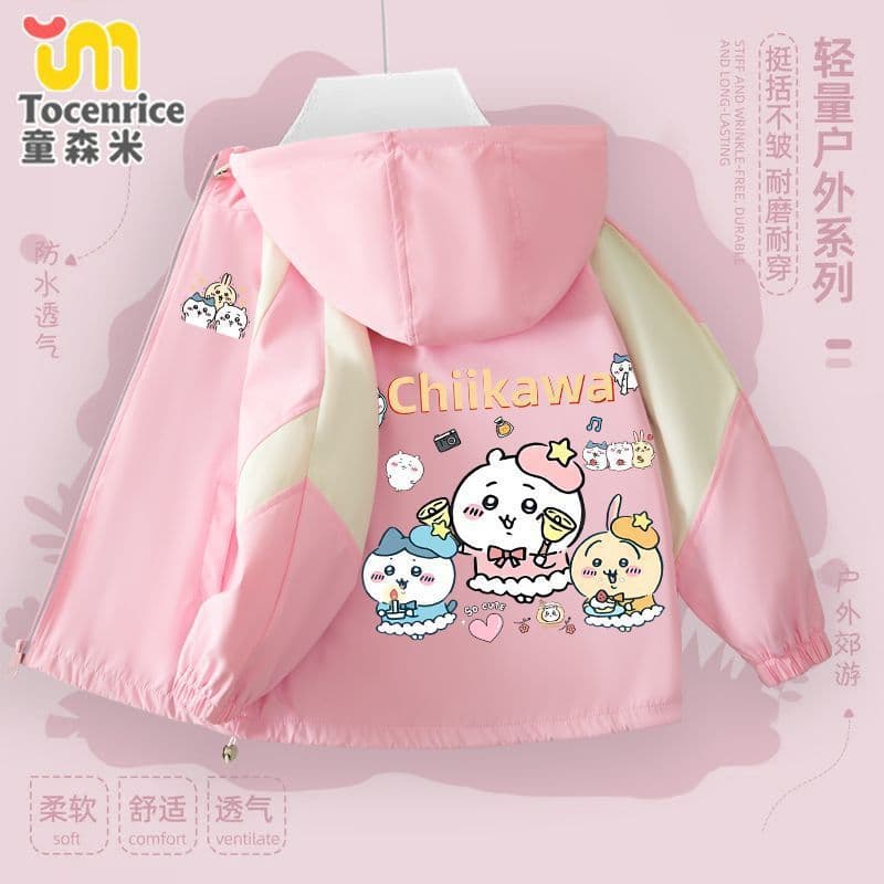 New Chiikawa Self-mocking Bear Girl's Mid-Child Big Child Fleece-Lined Jacket Children's Gii Kawa-i Waterproof Windbreaker