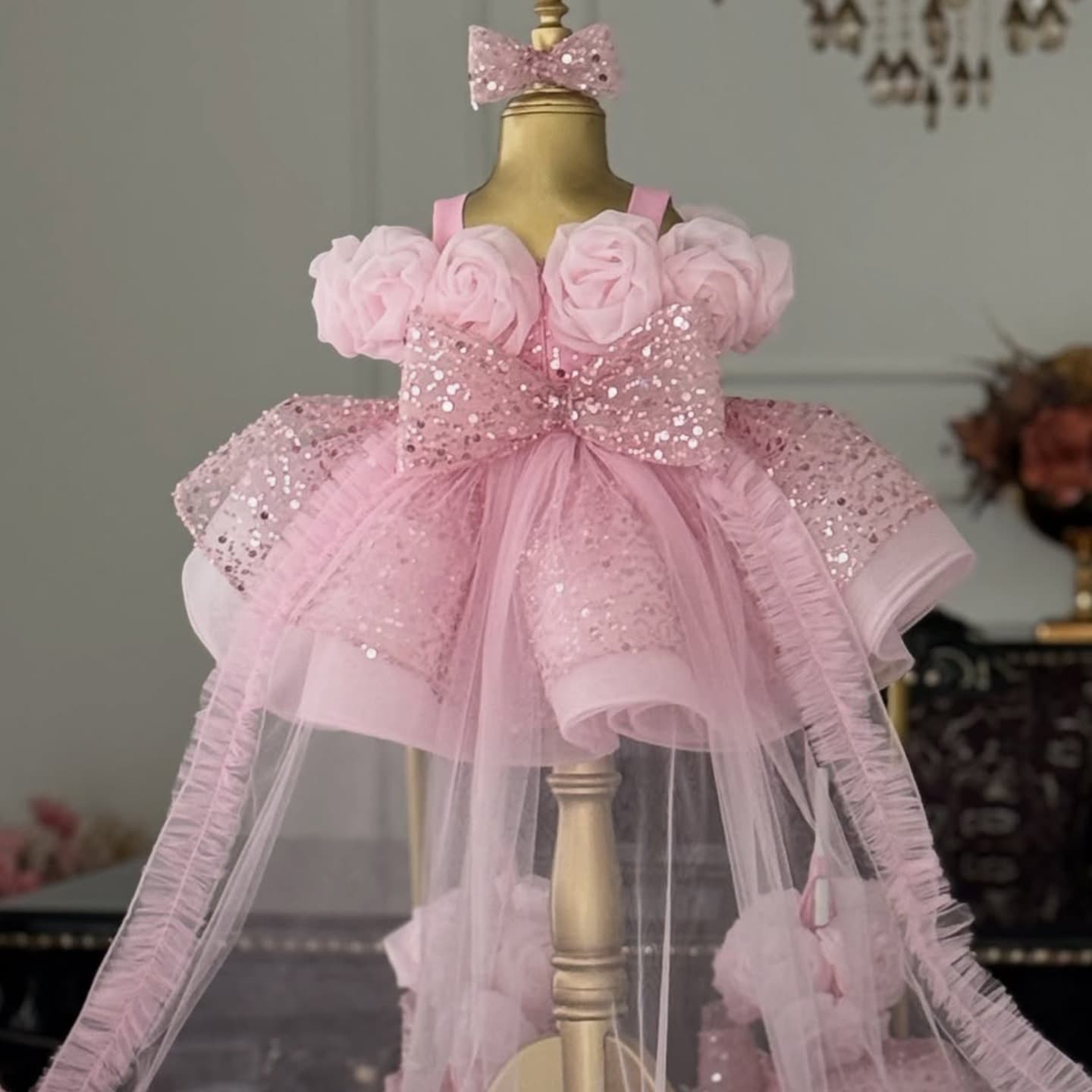 Strapless 3D Flower Girls Princess Dress Sequins Tulle Gown Model Catwalk Kids Performance Costume