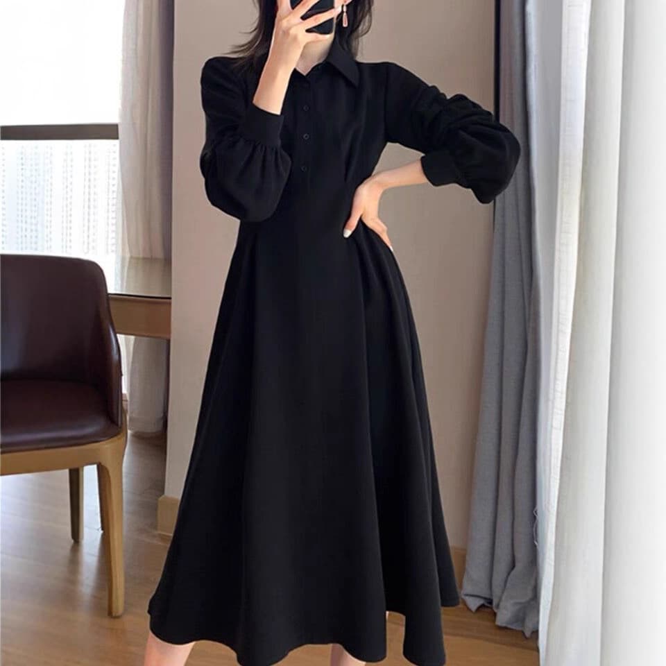 Extra large size 300 pounds fat sister polo collar dress women's autumn and winter cross-border slimming long bottoming little black dress