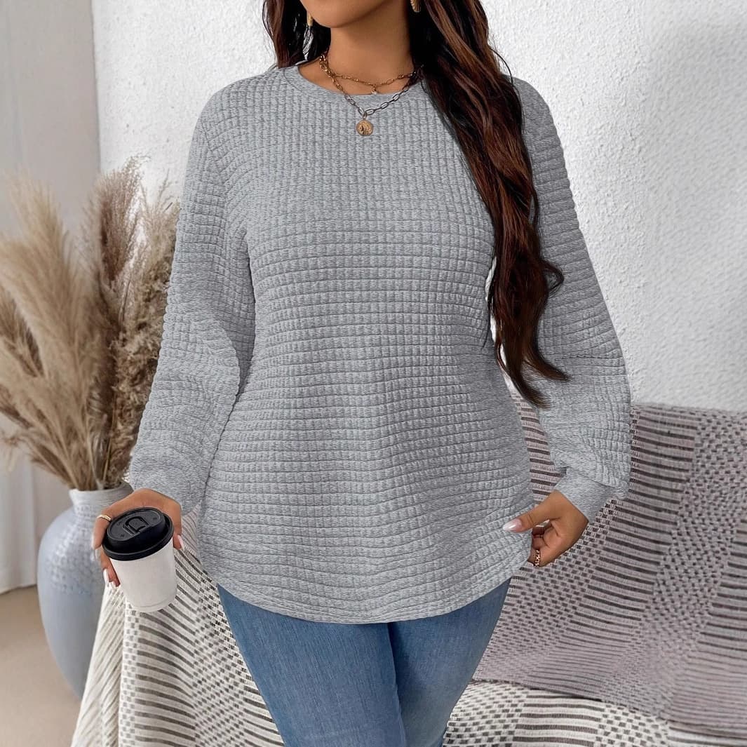 New Style Plus Size Women's Clothing Spring/Autumn/Winter Fashion Versatile Casual Solid Color Checkered Pullover Sweatshirt