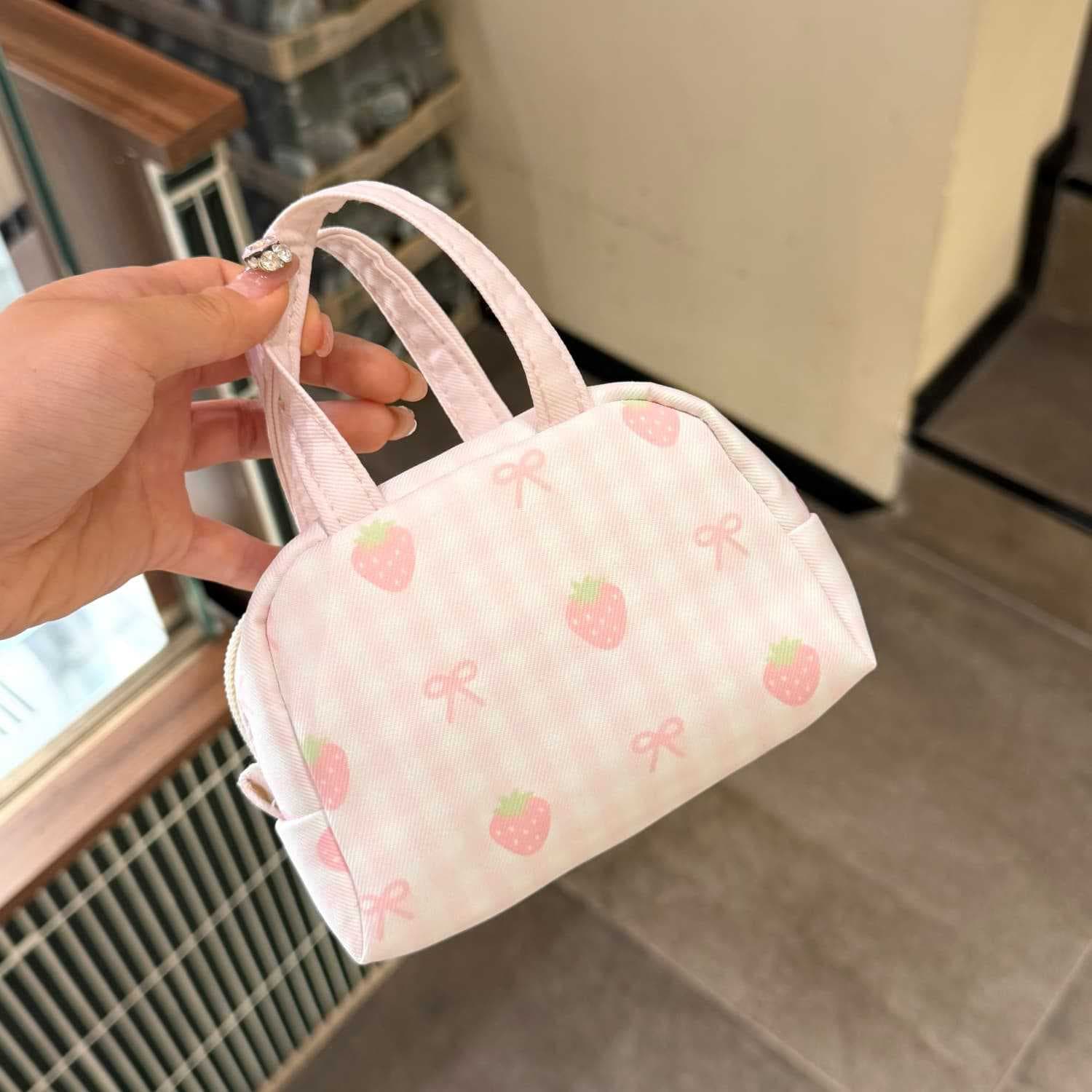 Pink Strawberry Handbag, Cute Girly Mini Storage Bag, Portable Lipstick, Cosmetics, Coin Purse