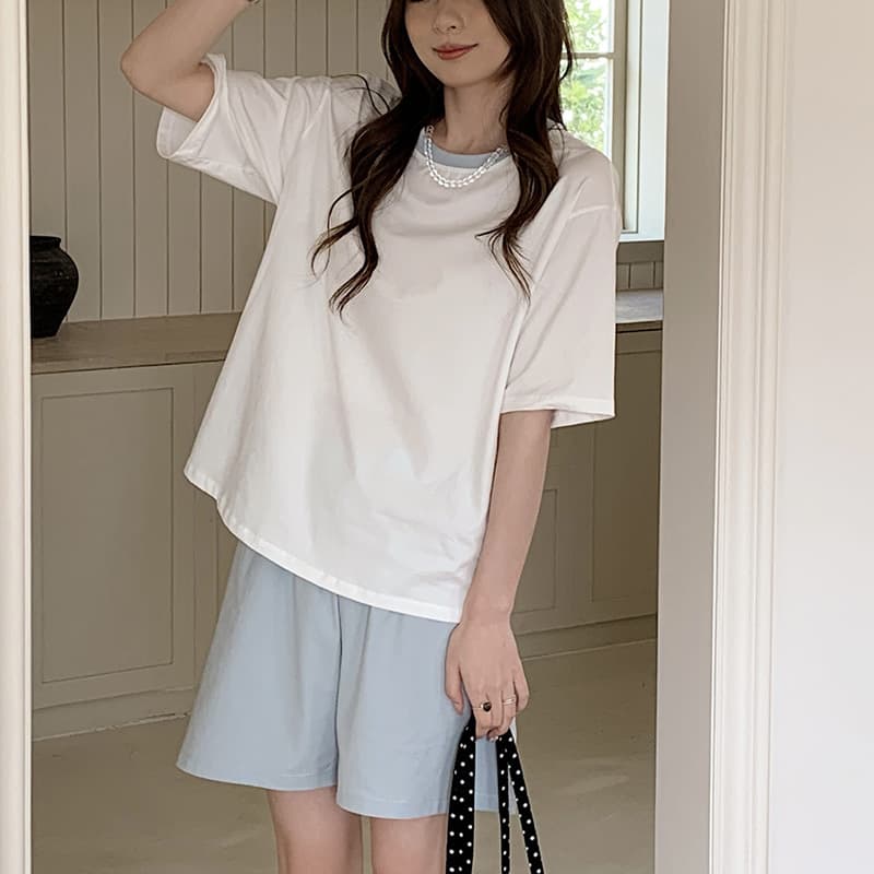 Sendao Spring/Summer Short-Sleeve Cotton Loungewear Women's Skin-Friendly Comfortable Casual Pajamas, Petite Color-Block Simple Set