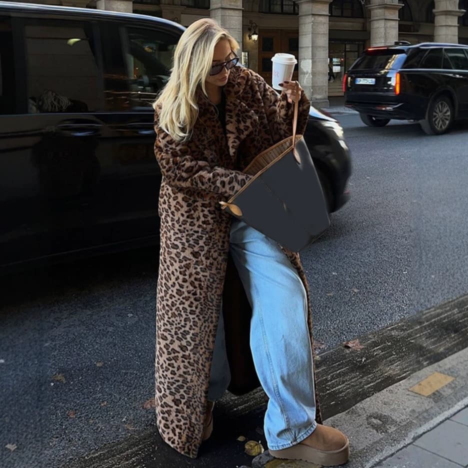 Cross-Border European American Faux Fur Coat Women Winter Sexy Long Leopard Rabbit Fur Coat Thick Plus Size Plush Coat