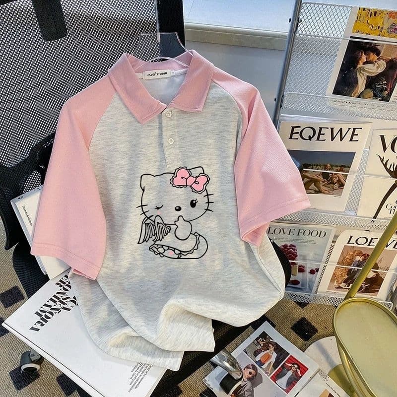 Girls Short Sleeve T-Shirt Summer New Design Sense Big Girl Cartoon Contrast Color Casual Turn-down Collar Top Trendy