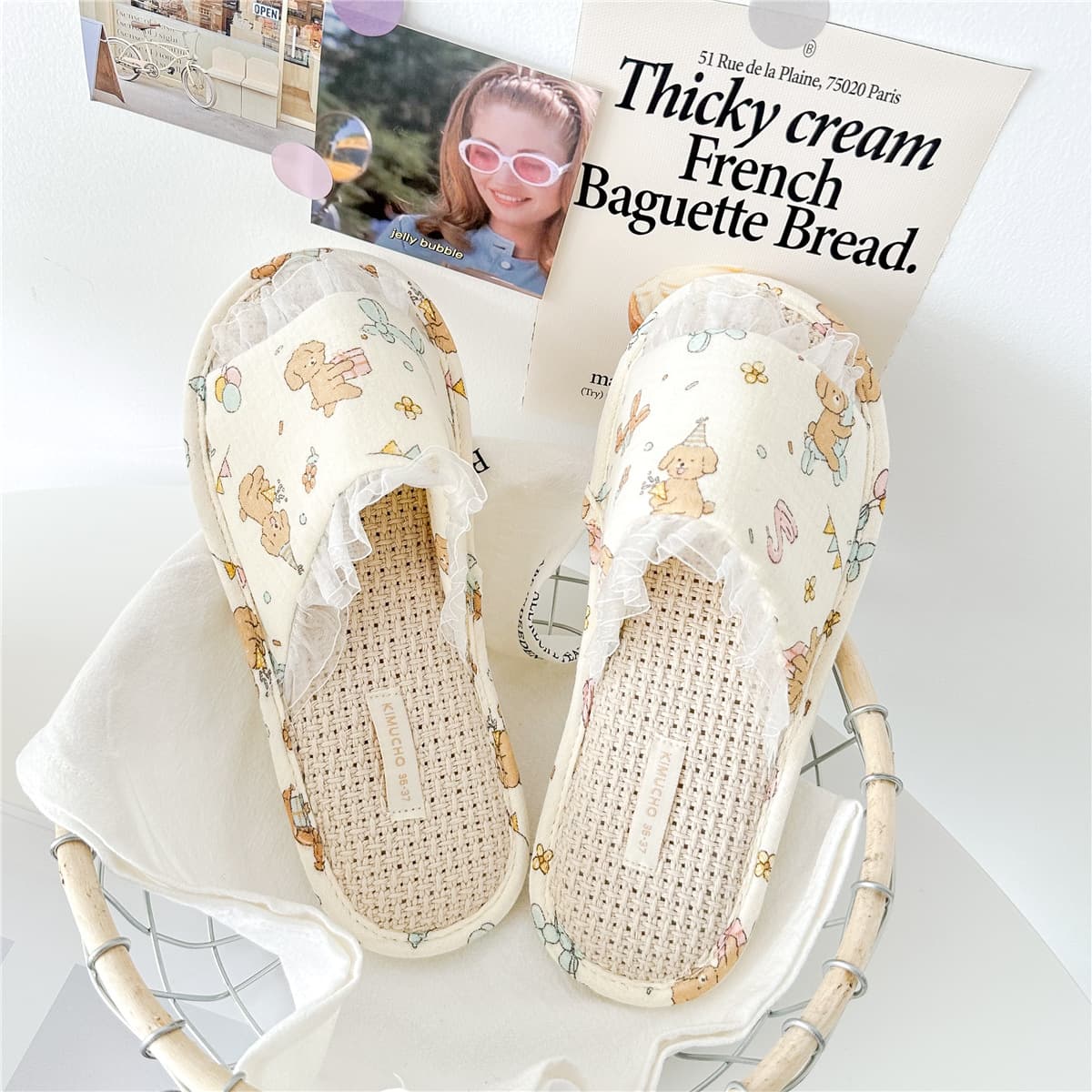 Ins Style Lace Dog Summer Linen Sole Home Slippers Indoor Shoes Non-slip Women's Home Slippers