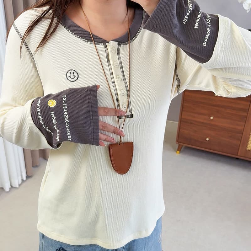 Ziyuan 2025 Autumn New Plus-size Women's Color-block Loose T-shirt V-neck Patch Long-sleeve Base Top W-225