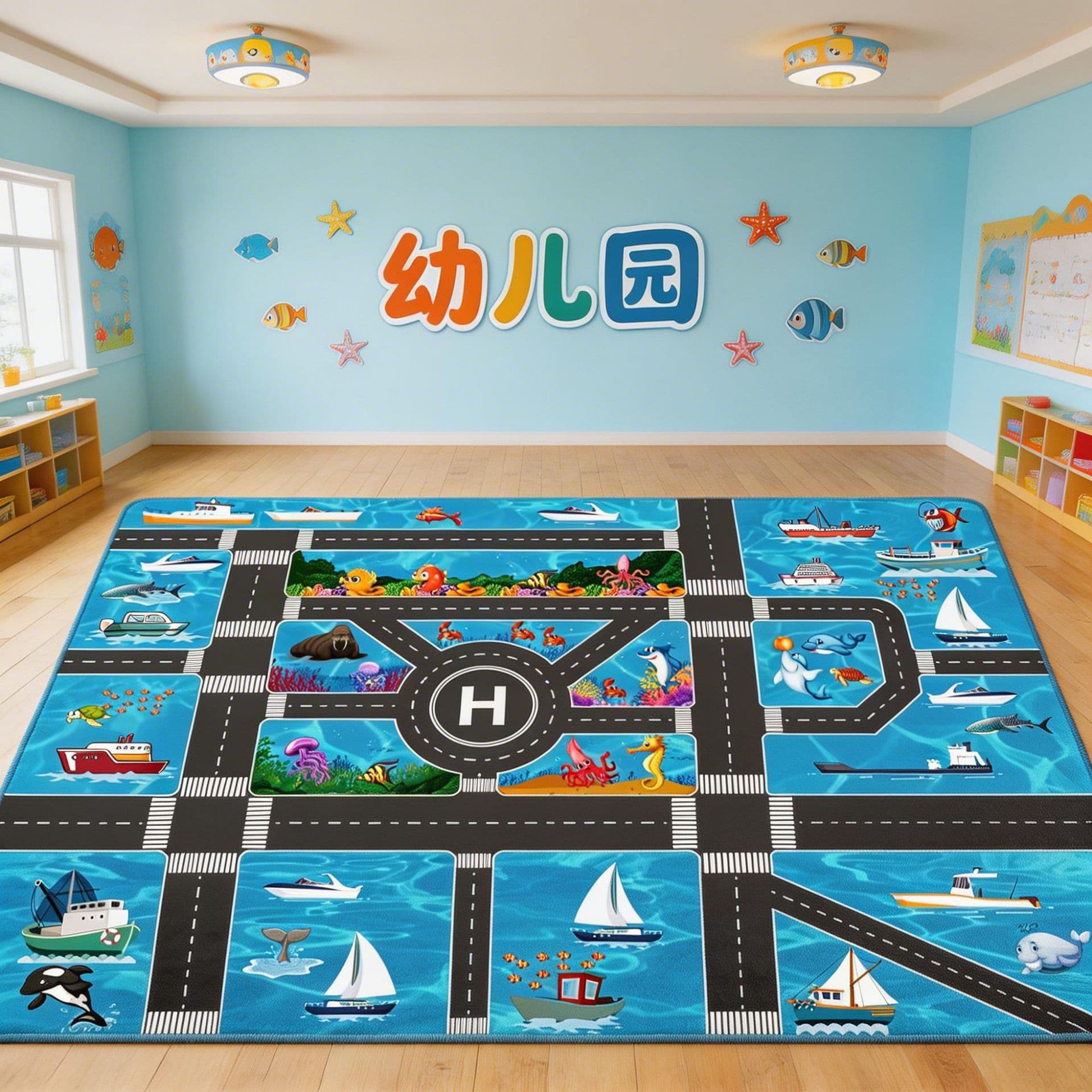 Cartoon City Car Track Game Rug for Kids - Early Education Educational Floor Mat, Indoor Carpet