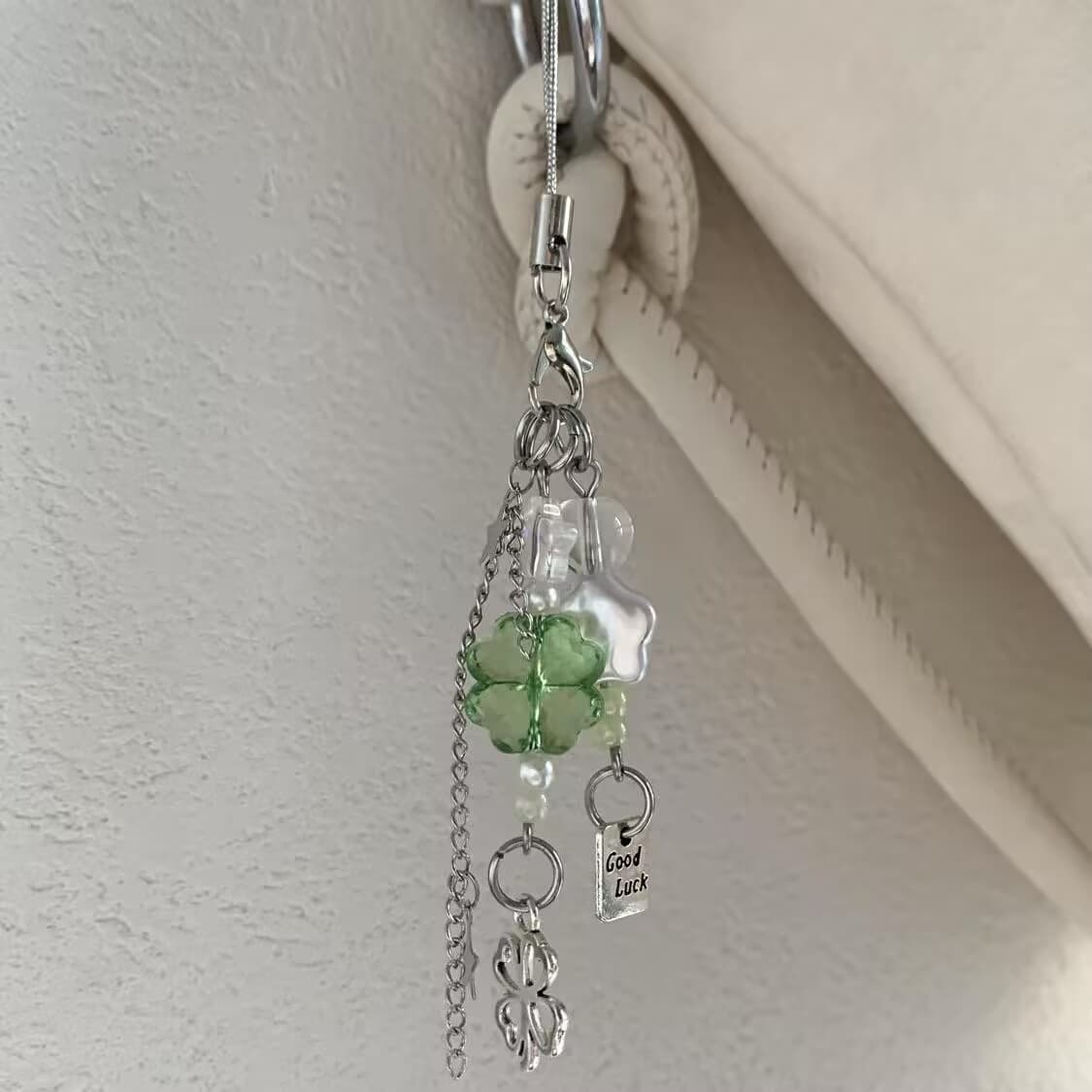Lucky Four-Leaf Clover Lanyard Handmade Beaded DIY Girly Phone Case Camera Bag Charm Pendant