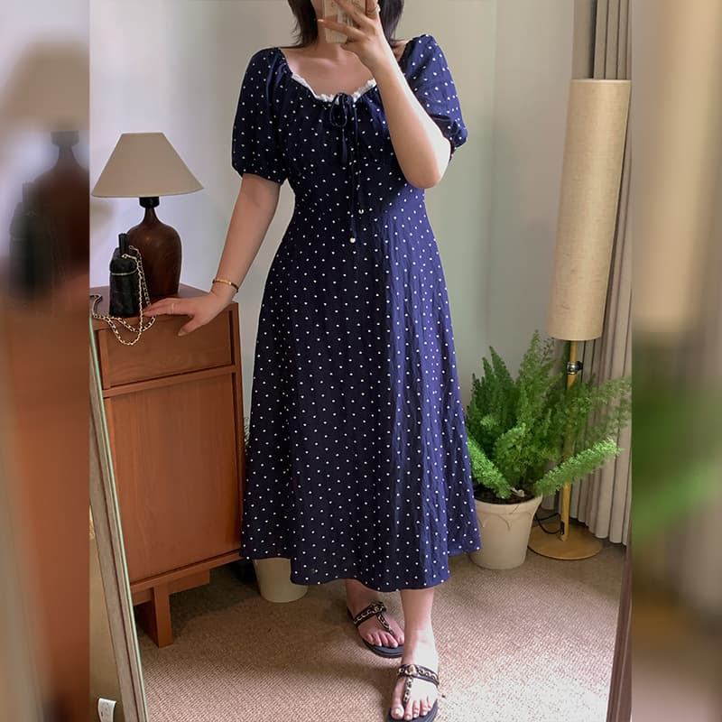 Shuangtian 2026 New Summer Plus Size Women's Square Neck Heart Tie Dress Long Dress 9339