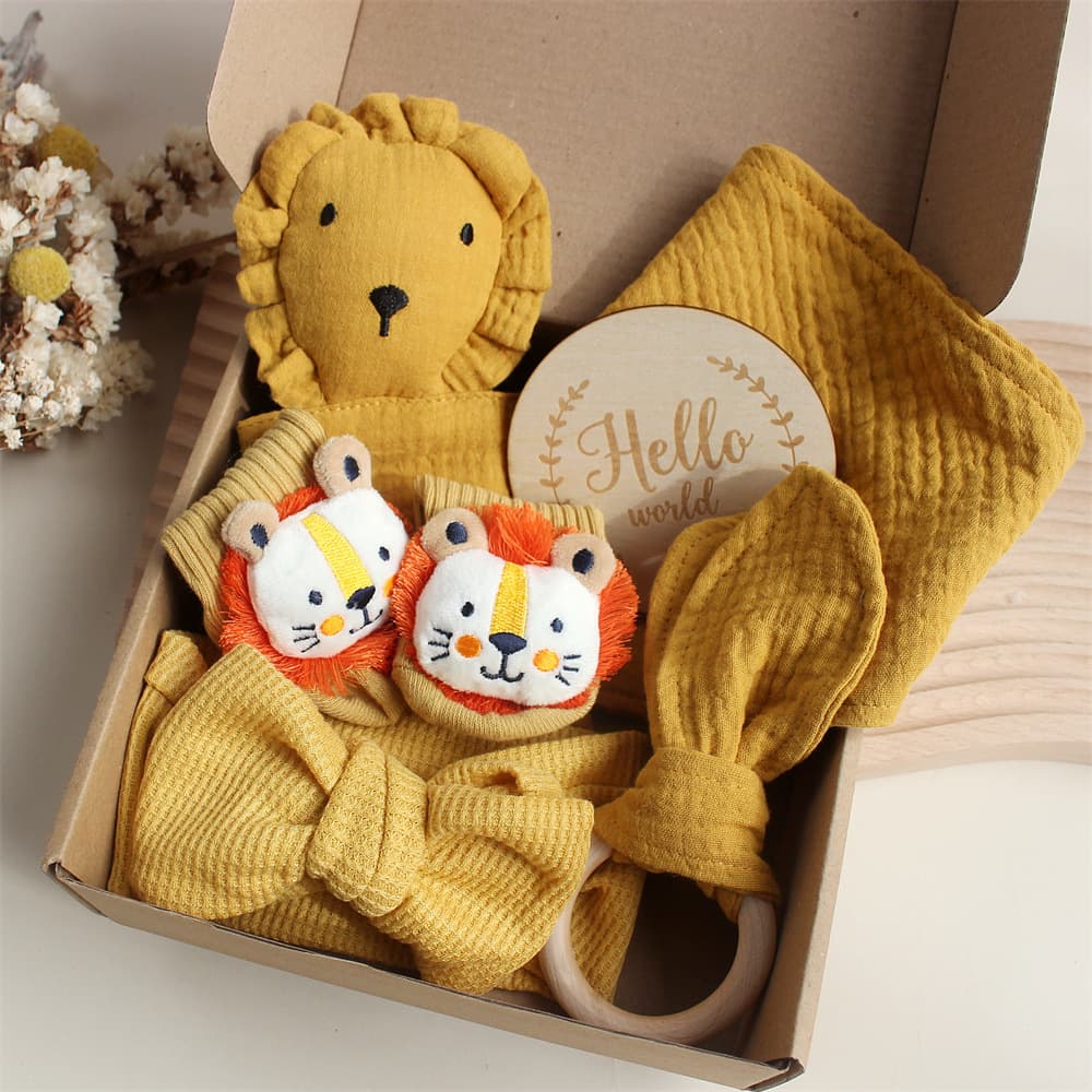 Cross-border Baby Rabbit Lion Comforter Towel Socks Bib Toiletries Gift Box Newborn Teether Headband Set