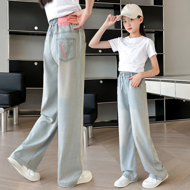 Girls' Summer Thin Pants 2024 New Children's Straight Wide Leg Pants Summer Girls' Big Kid Tencel Jeans
