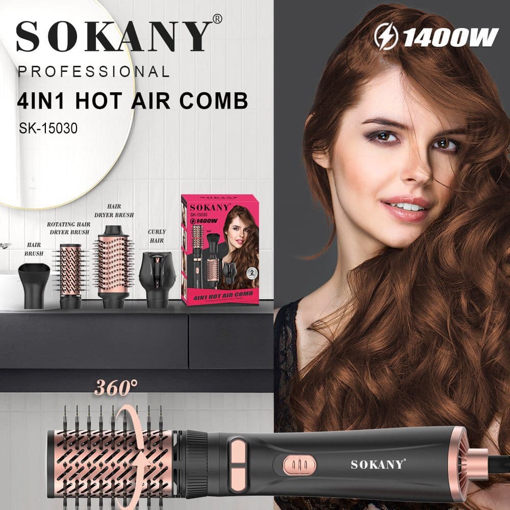 SOKANY 15030 Hot Air Brush Hair Styler 4-in-1 Curling Iron Electric Hair Brush for Drying, Curling, and Straightening