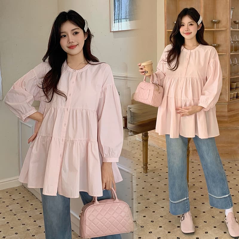 Maternity Outfit 2025 Spring New Arrival Petite Loose Pleated Mid-Length Shirt with Supportive Jeans Two-Piece Set