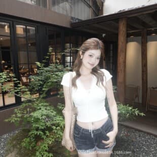 White Lace Trim V-Neck Tie Short Sleeve T-Shirt for Women, Slim Fit, Pure Sexy Style Crop Top