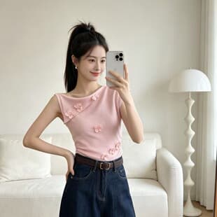 Off-Shoulder 3D Floral Knit Top for Women Summer 2026 Slim Fit Short T-Shirt Pure Desire Sleeveless Blouse