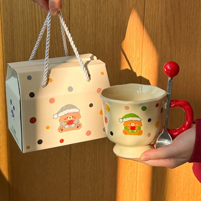 Adorable Polka Dot Bear Ceramic Mug, Gift for Birthday, Friends, Souvenir, Gift Box Set