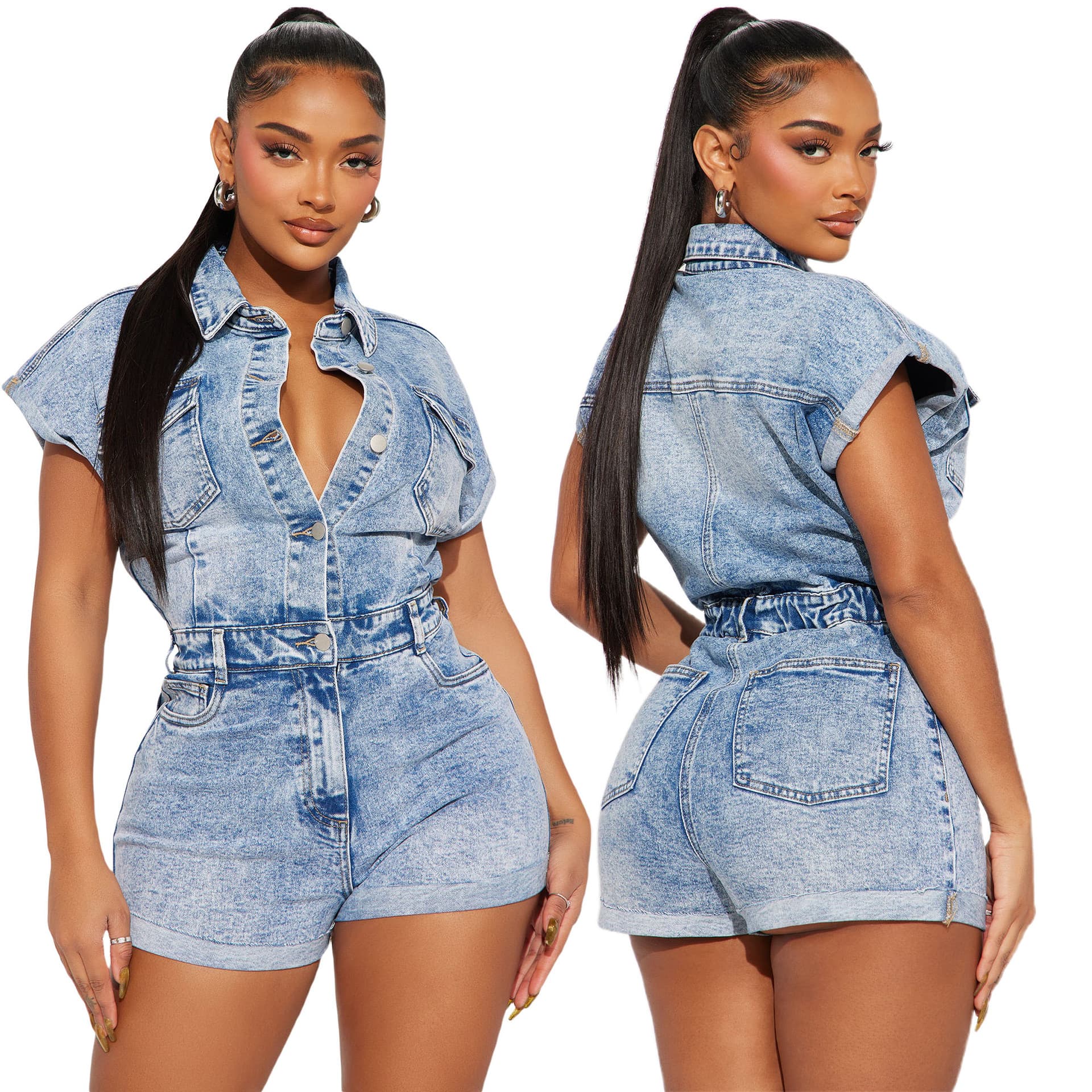 6047 Foreign Trade Europe and America Cross-border Amazon High Elastic Short-sleeved Slim-fit Washed Denim Pants
