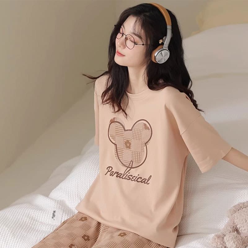 Imitation cotton summer pajamas for women thin pullover long pants short sleeve casual cartoon bear girl home wear set