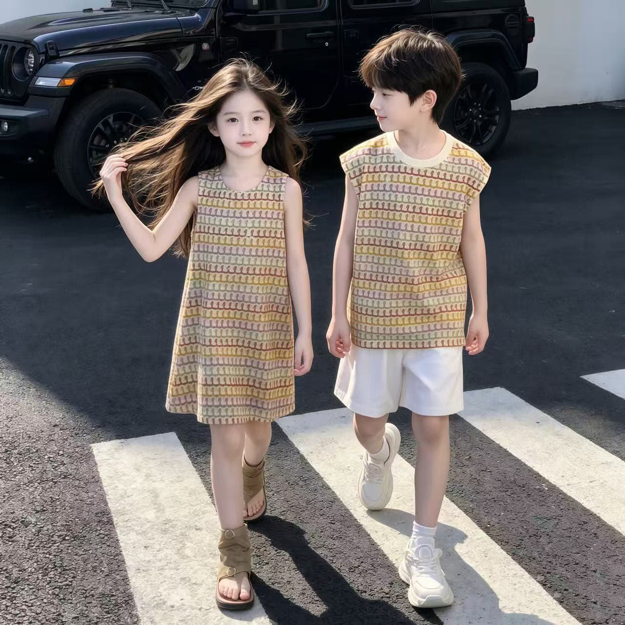 Boys and Girls Summer Casual Set 2026 New Kids Fashionable Sibling Set Dopamine Sequins Two-Piece Set