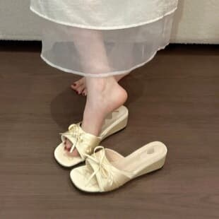 Wedge One-Strap Sandals for Women 2026 New Summer Outdoor Bowknot Fairy Style Elegant Open-Toe Slippers to Match Dresses