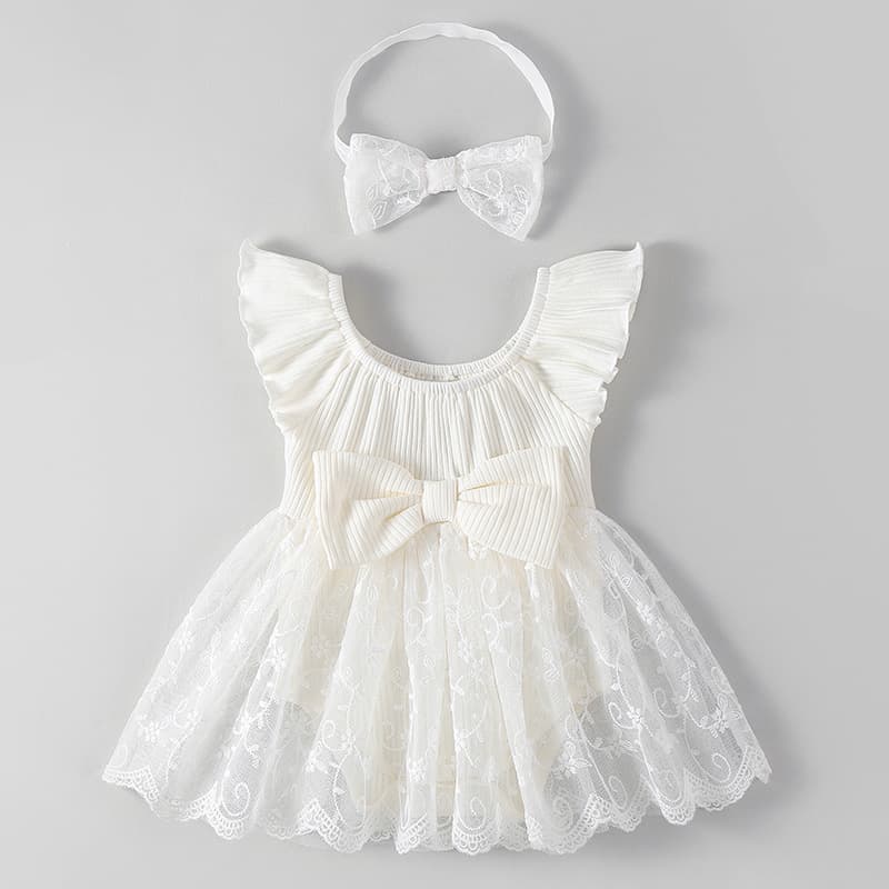 Baby Girl Fashionable Butterfly Sleeve Dress with Bodysuit, White Princess Romper for Summer 2025