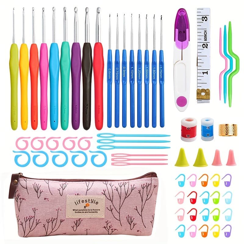 Cross-border 58-piece TPR Soft Handle Crochet Hook Tool Set, Blue Handle Crochet Hooks with Accessories, Sweater Knitting Needle Storage Bag