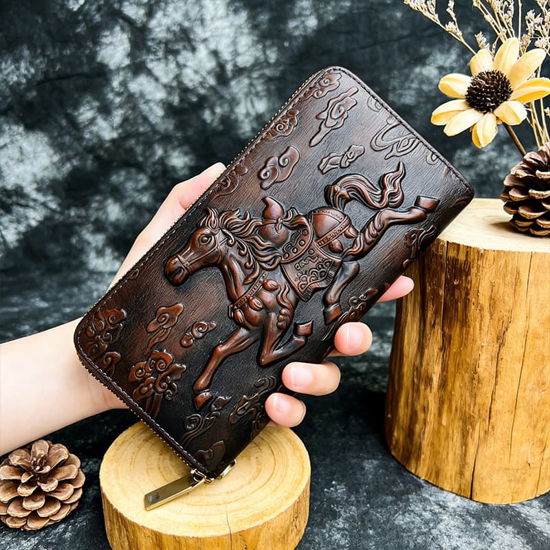 Vintage Genuine Leather Embossed Horse Pattern Long Wallet Zipper Bag Men's First Layer Cowhide Business Card Holder Women's