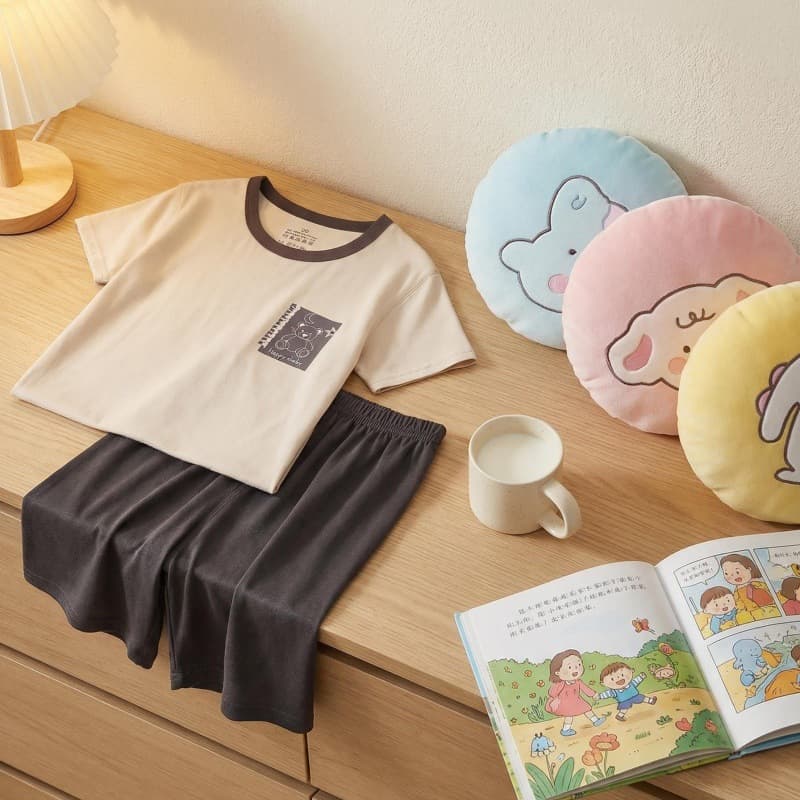 Youth Homewear Boys and Girls Short Sleeve Shorts Set, Lyocell Pajamas for Students and Kids, Air Conditioning Wear