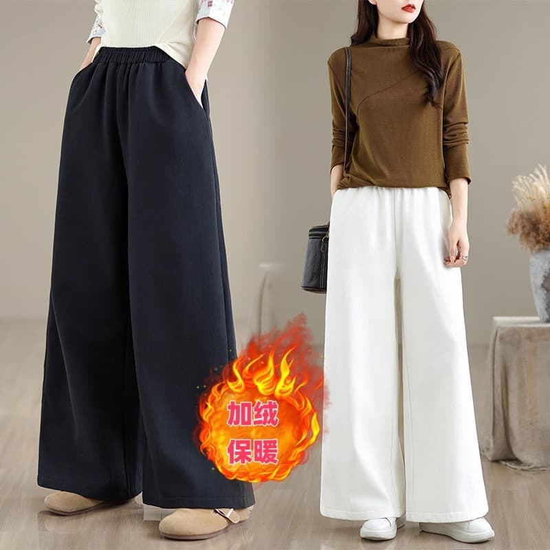 Cotton Linen Fleece-Lined Wide Leg Pants for Women, New Autumn Winter Loose Fit, Artistic Vintage Warm Thick Casual Floor-Length Trousers