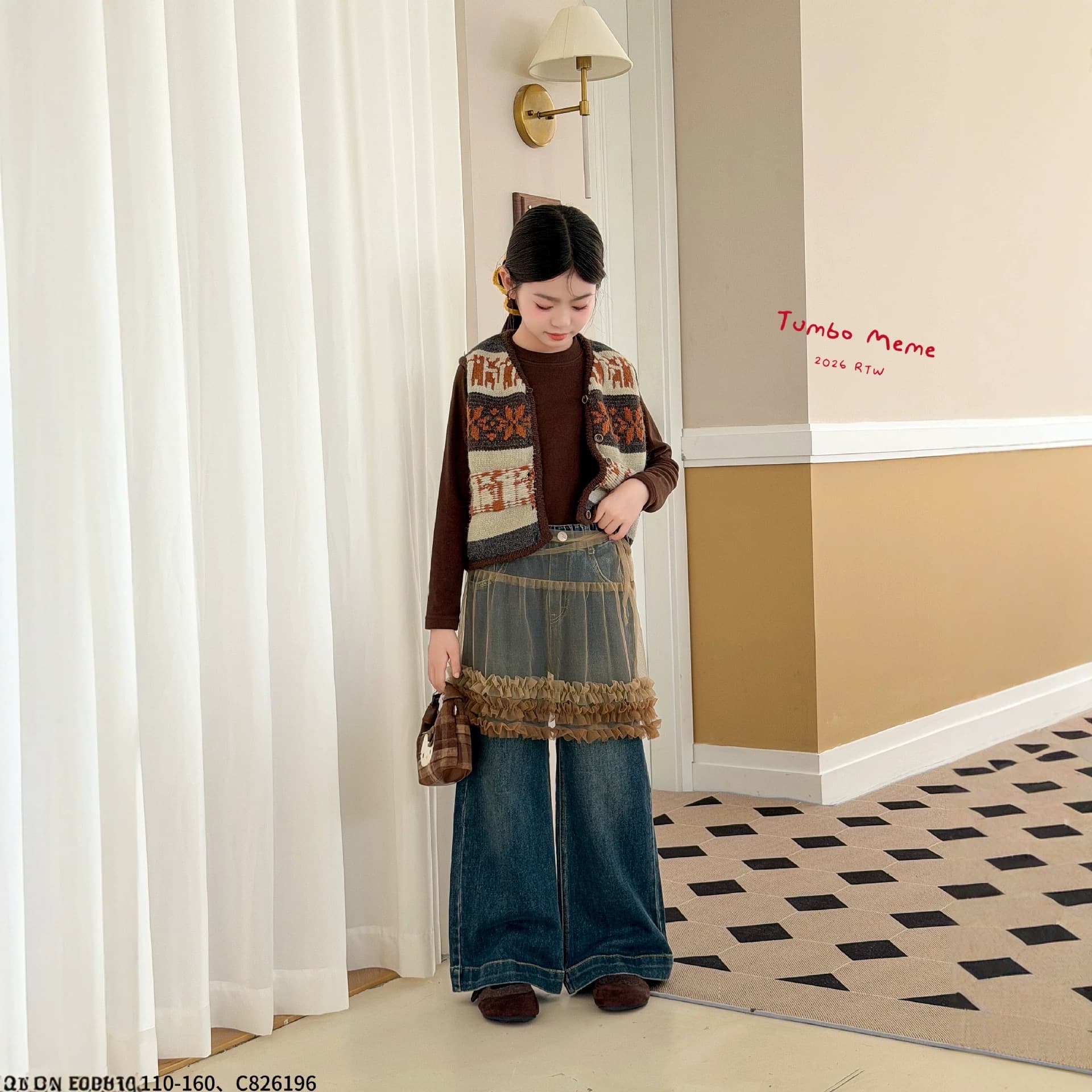 Girls' Spring Autumn Jeans Loose Trendy Mesh Skirt Panel Wide Leg Pants 2-Piece Set Huzhou Zhili Kids Clothing Cross-Border