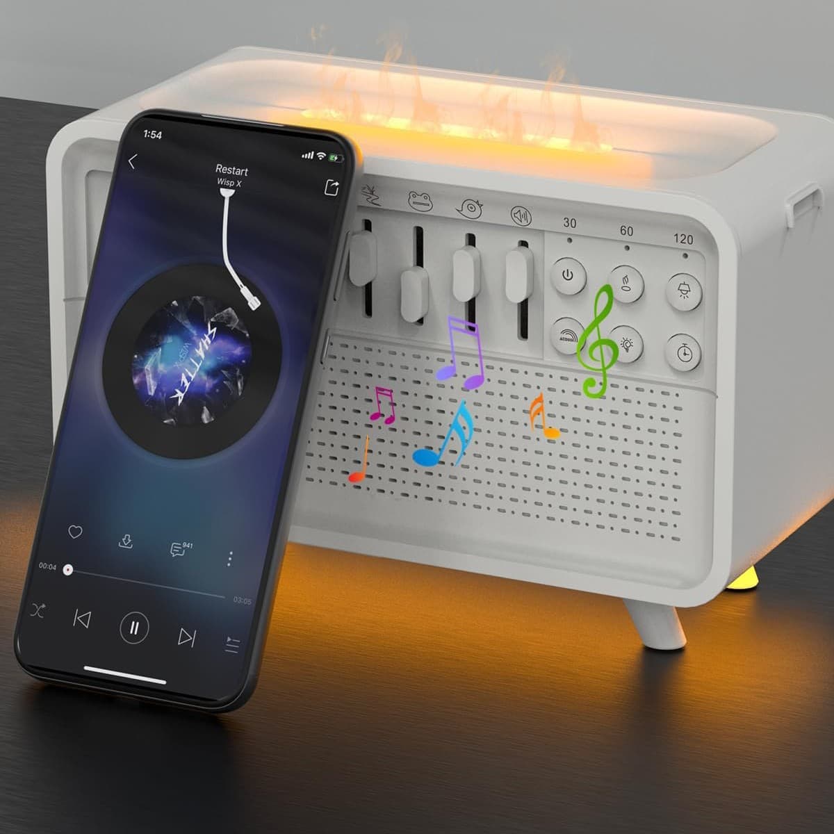 New White Noise Sleep Machine with Bluetooth Speaker, Simulated Flame, Aromatherapy Humidifier, and Night Light