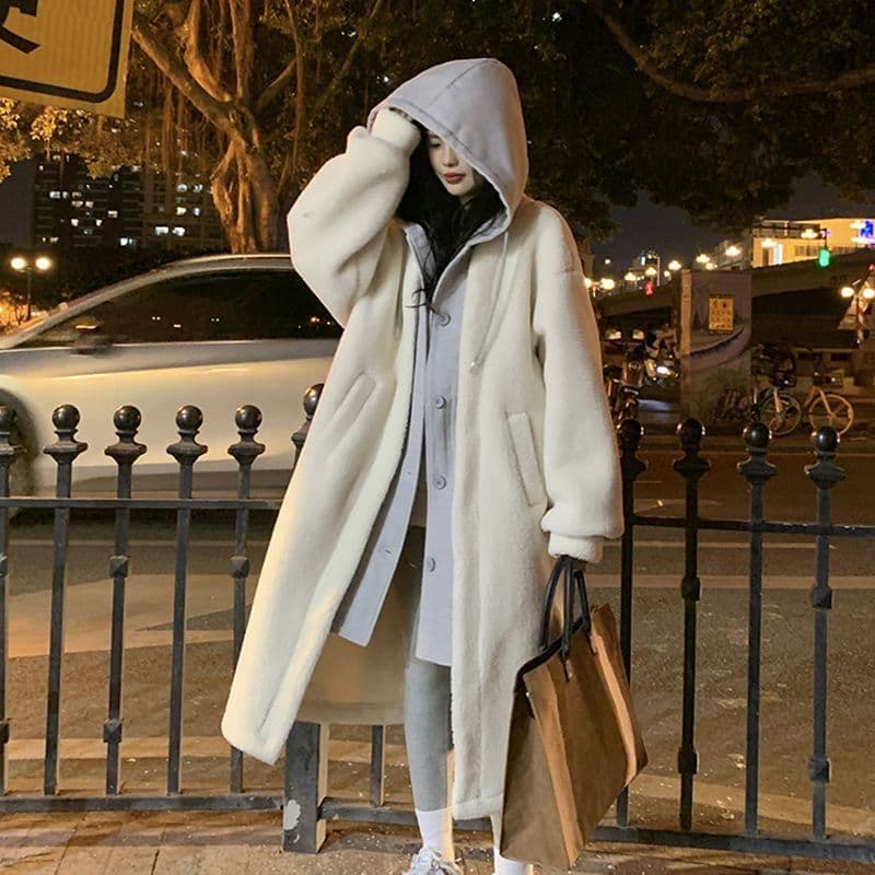 2025 Autumn/Winter New Long Hooded Dress Coat, Fleece Versatile Loose Fashion Coat for Women, Korean Style