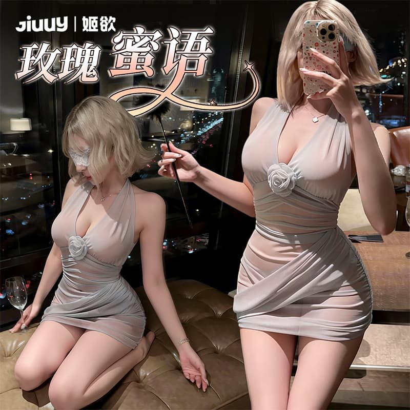 Ji Yu Sexy Lingerie Rose Necklace Hot Pencil Skirt Bodysuit, Deep V Uniform Temptation Sleepwear