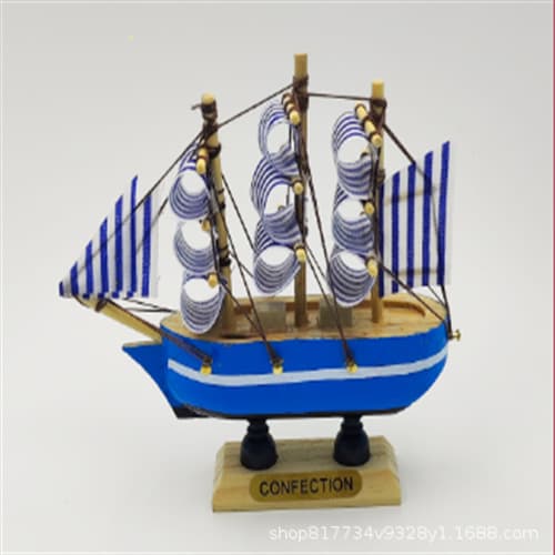 10cm Blue Mediterranean Style Wooden Sailboat Cake Topper, Sailboat Model Wooden Craft Decor