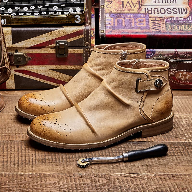 Korean Style Genuine Leather Men's Retro British Style High-Top Shoes Fashion Casual Trendy Shoes Versatile Chelsea Martin Boots Distressed