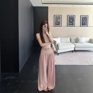 Pink Sweet High-End Casual Set for Women, Summer Regular Shoulder Short Sleeve T-Shirt High Waist Loose Wide-Leg Pants Two-Piece Set