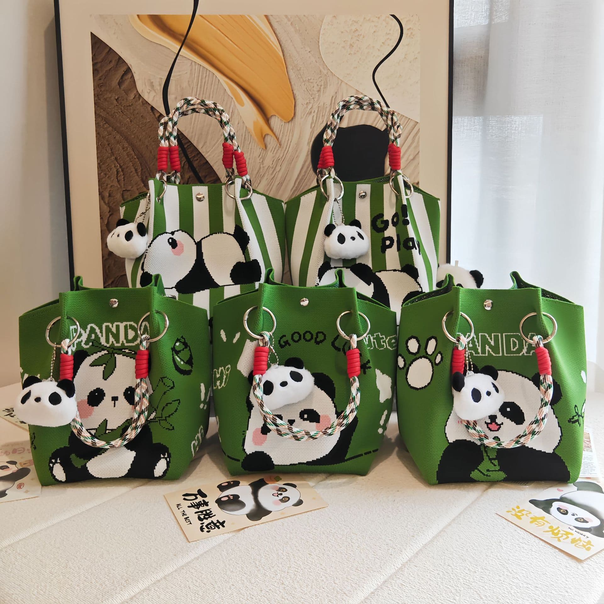 New Cute Panda Knitted Bucket Bag Cartoon Versatile Handbag Commute Large Capacity Handle Ring Bucket Square Bag
