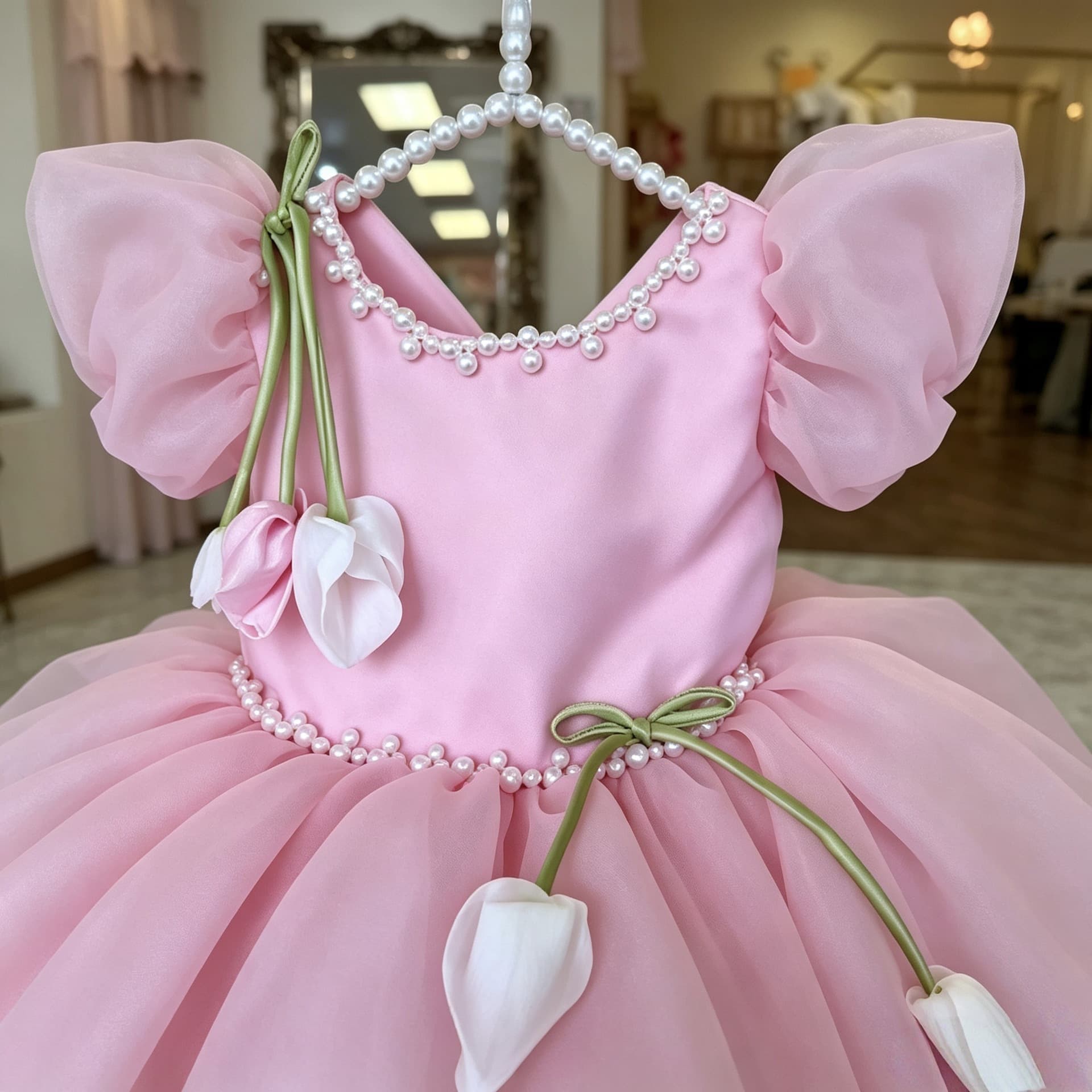 Girls' dress, sweet pink puff sleeve dress, birthday princess dress, tutu skirt, French first-year dress