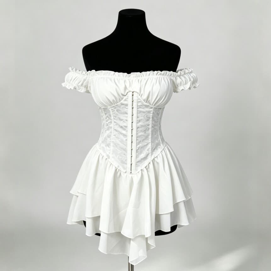Jacquard splicing pleated ruffled off-shoulder multi-layered ruffled hem A-line chiffon mini dress in stock