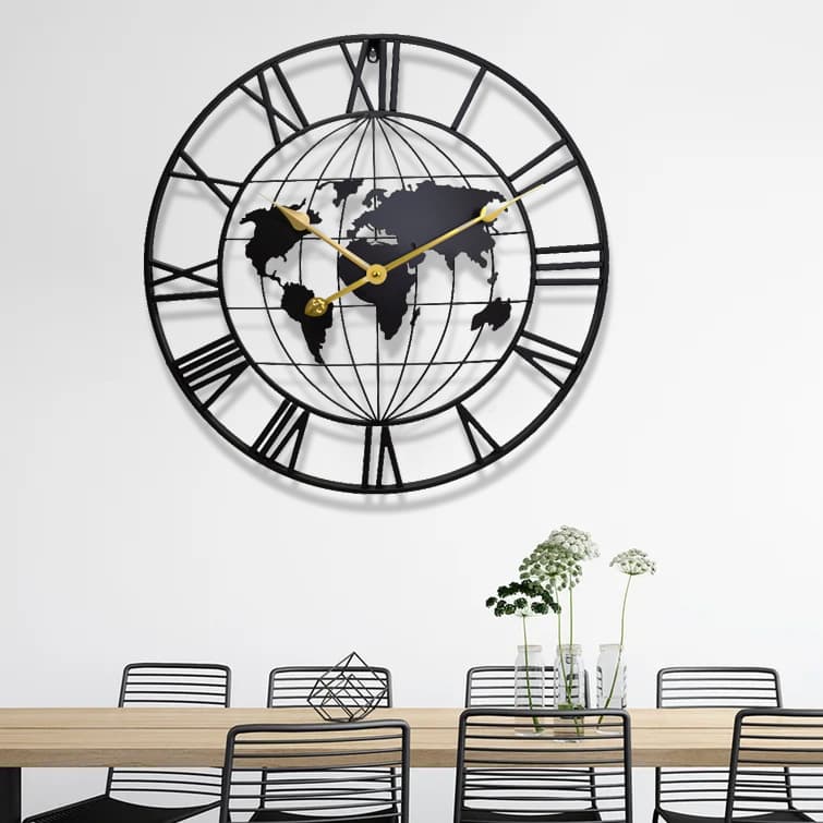 Cross-border New Iron Round Office Clock, Hot-selling Creative Map Silent Wall Clock, Factory Direct