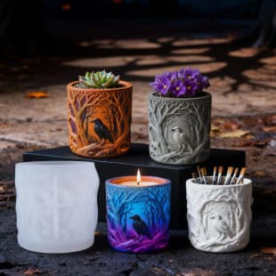 YinDian Halloween Crow Perch Scented Plaster Cup Mold DIY Resin Storage Cup Flower Pot Ornament Silicone Mold