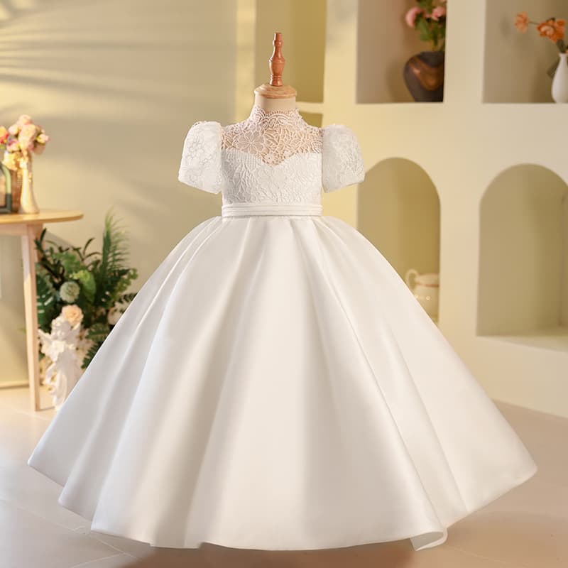 Girls' White Dress, Light Luxury Niche Children's Host Piano Performance Princess Dress, Birthday Flower Girl Long Dress